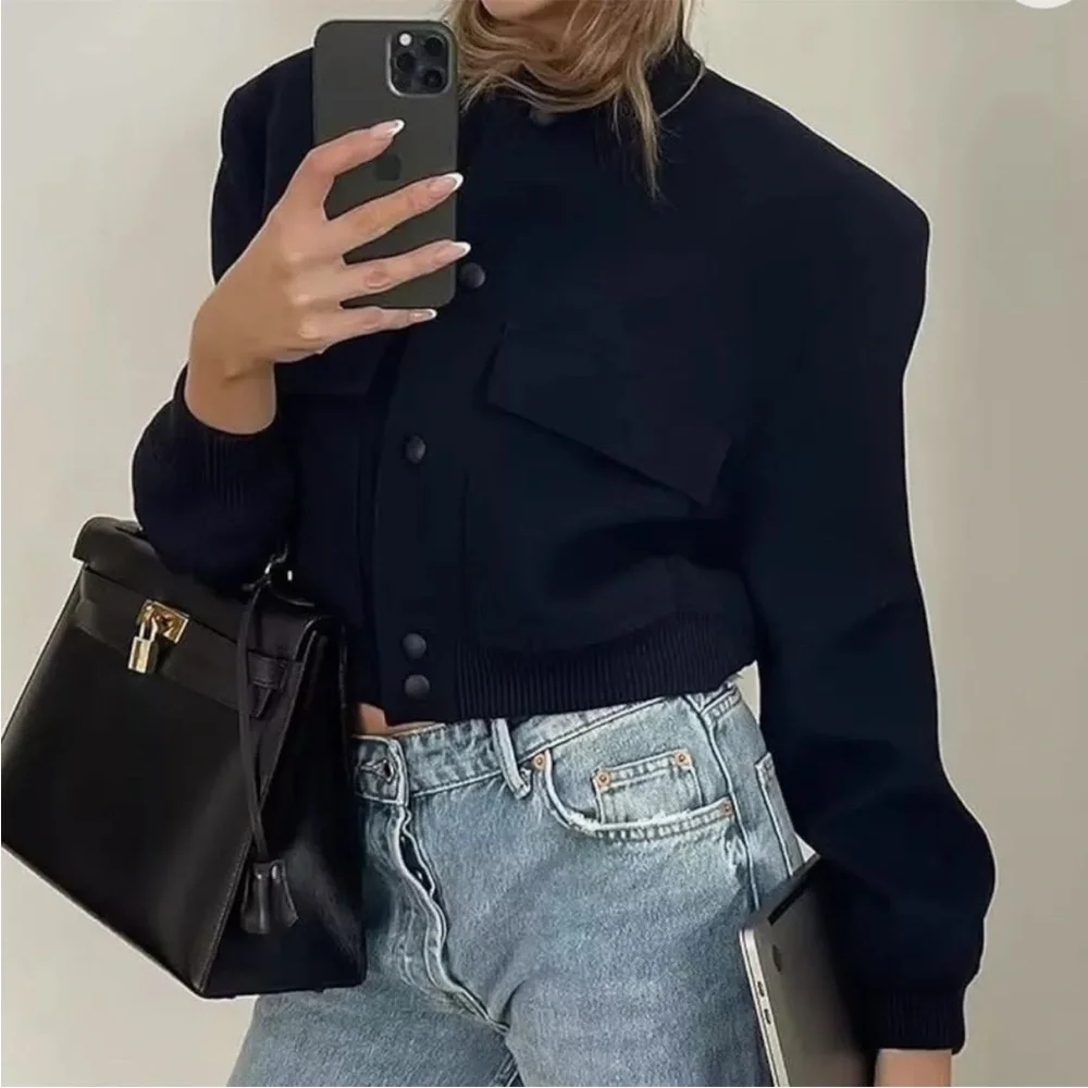 Jason Wu navy blue bomber jacket with pockets line new S - Picture 2 of 14